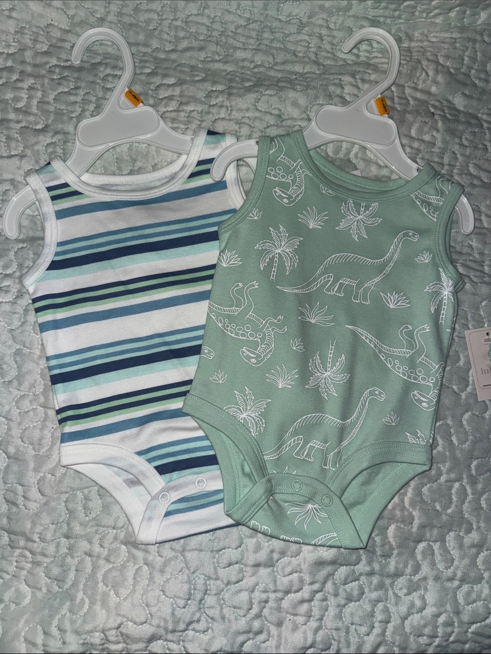 Sleeveless Dino & Stripe Baby One-Piece Bodysuit Set - Mint & Multi
